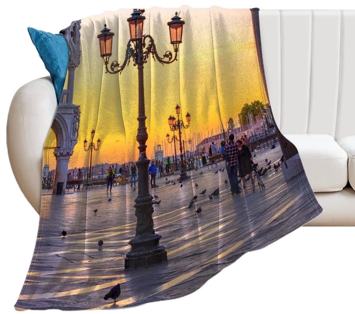 Fleece Dekentje - Nachtzicht van Piazza San Marco - Blauw en Wit