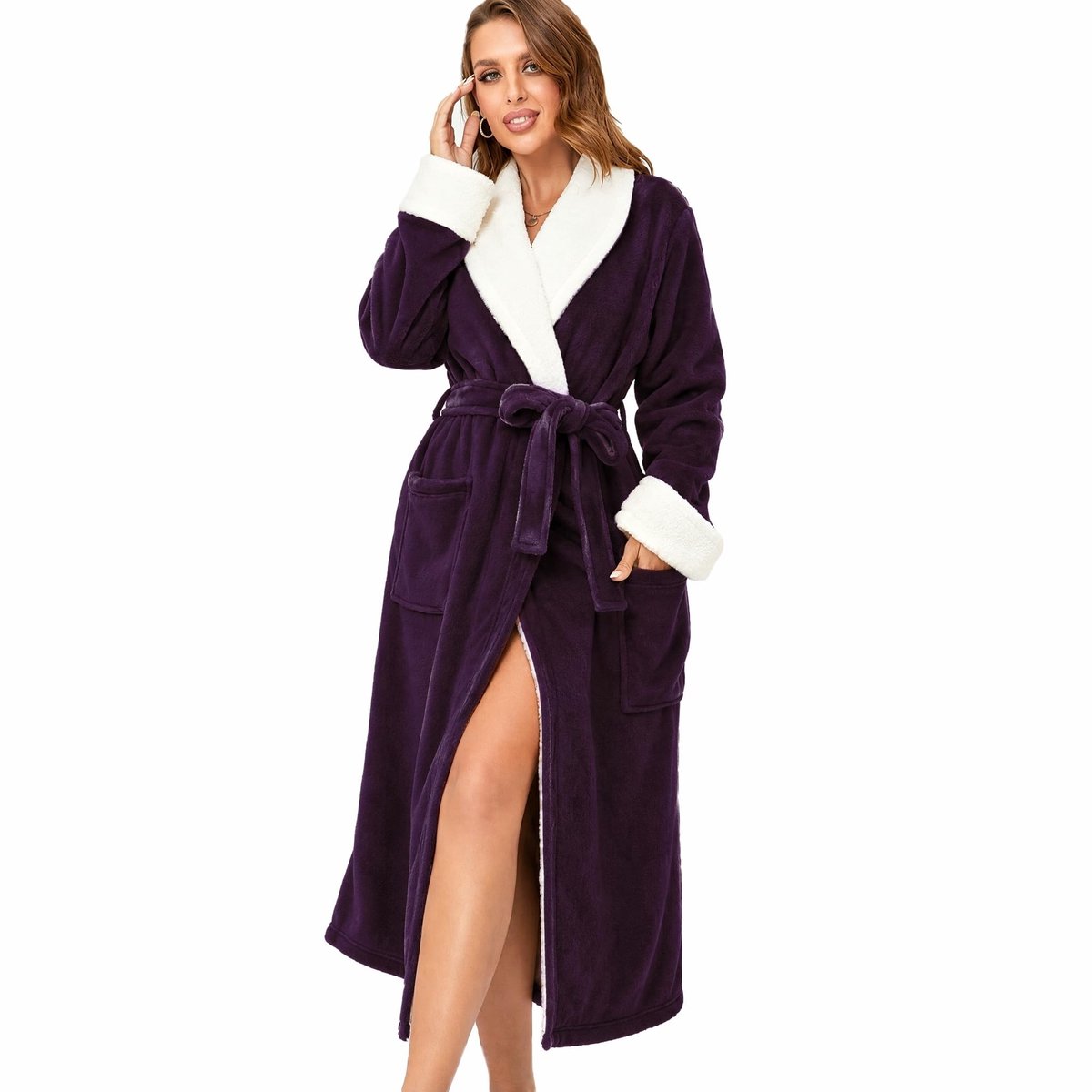 Dames Badjas - Zacht Fleece met Sjaalkraag - Donkerpaars