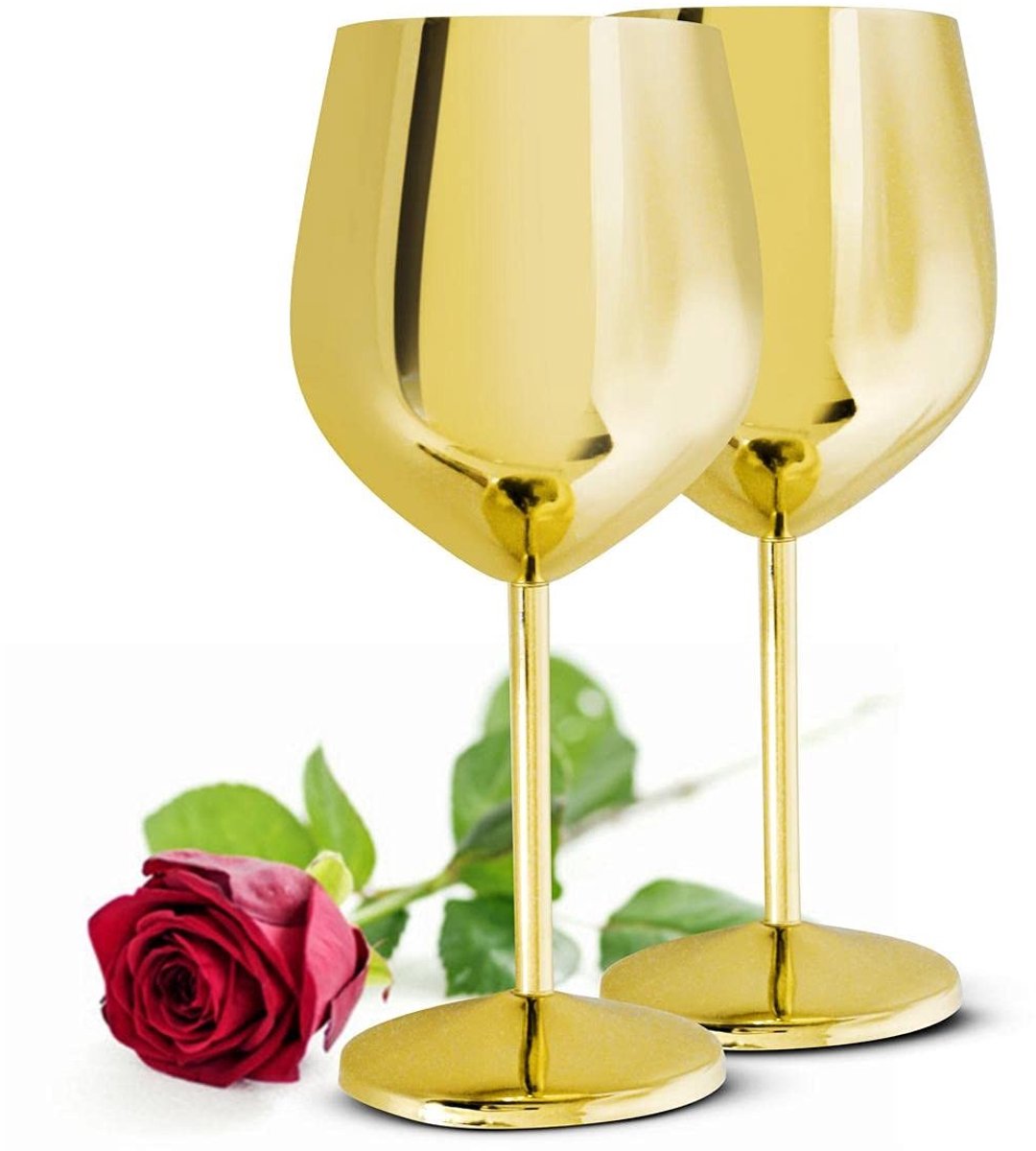 Wijn glazen set van 2 - Rvs met gouden afwerking - 510 ml