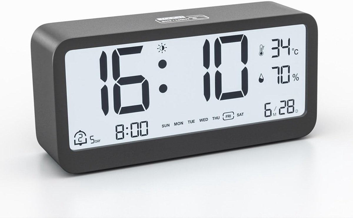 Digitale Wecker met Batterij, Datum, Binnen Temperatuur, Vochtigheid, LCD Scherm, Dubbele Alarmfunctie, Sluimer en Achtergrondverlichting, Compacte Tafelklok voor Thuisgebruik