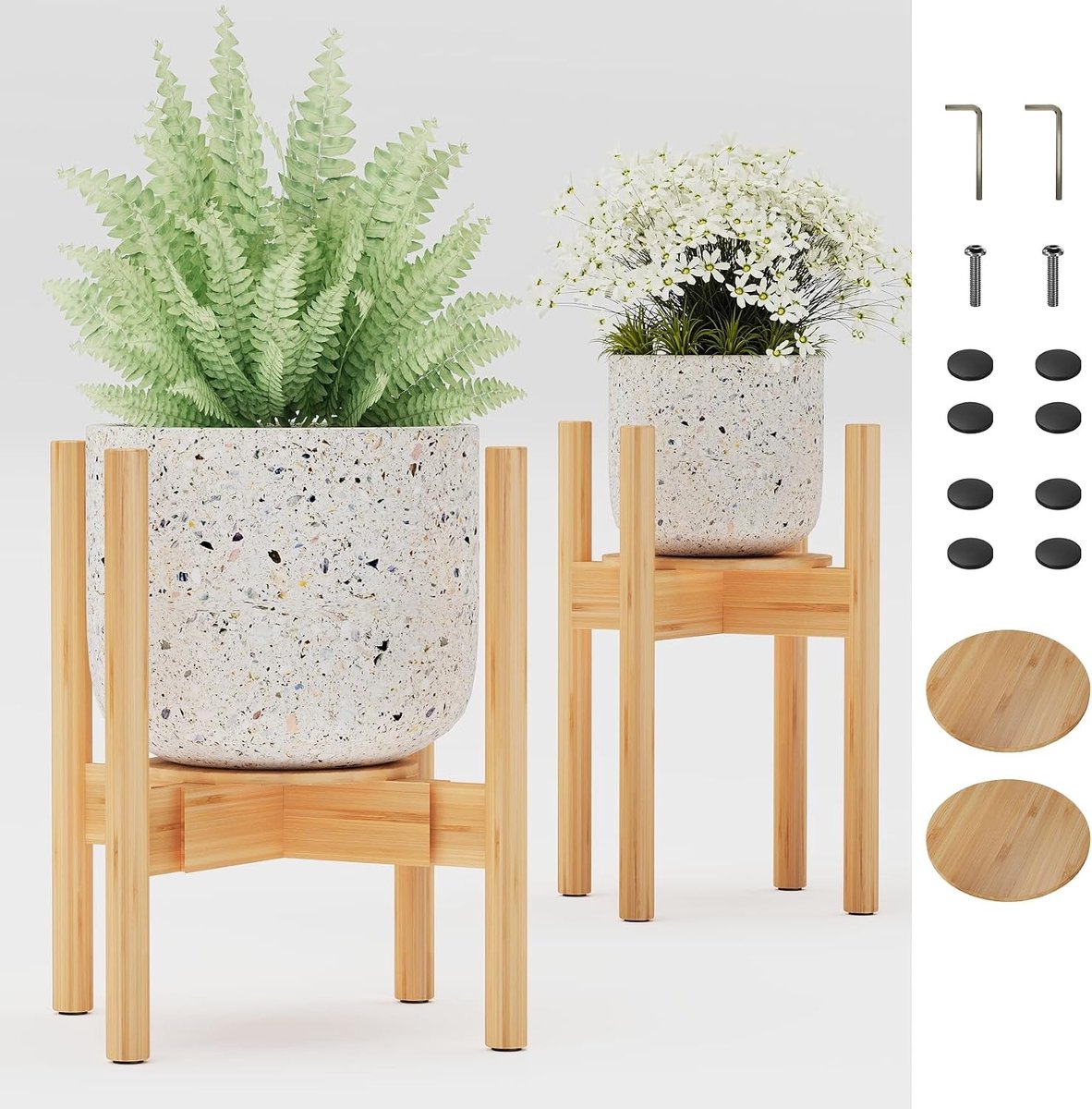 Verstelbare Bamboe Plantstand voor Binnen met Verwijderbare Tray, Houten Bloemstandaard en Potsteunen voor 20cm tot 30cm Potten, Ideaal voor Woonkamer en Plantenliefhebbers