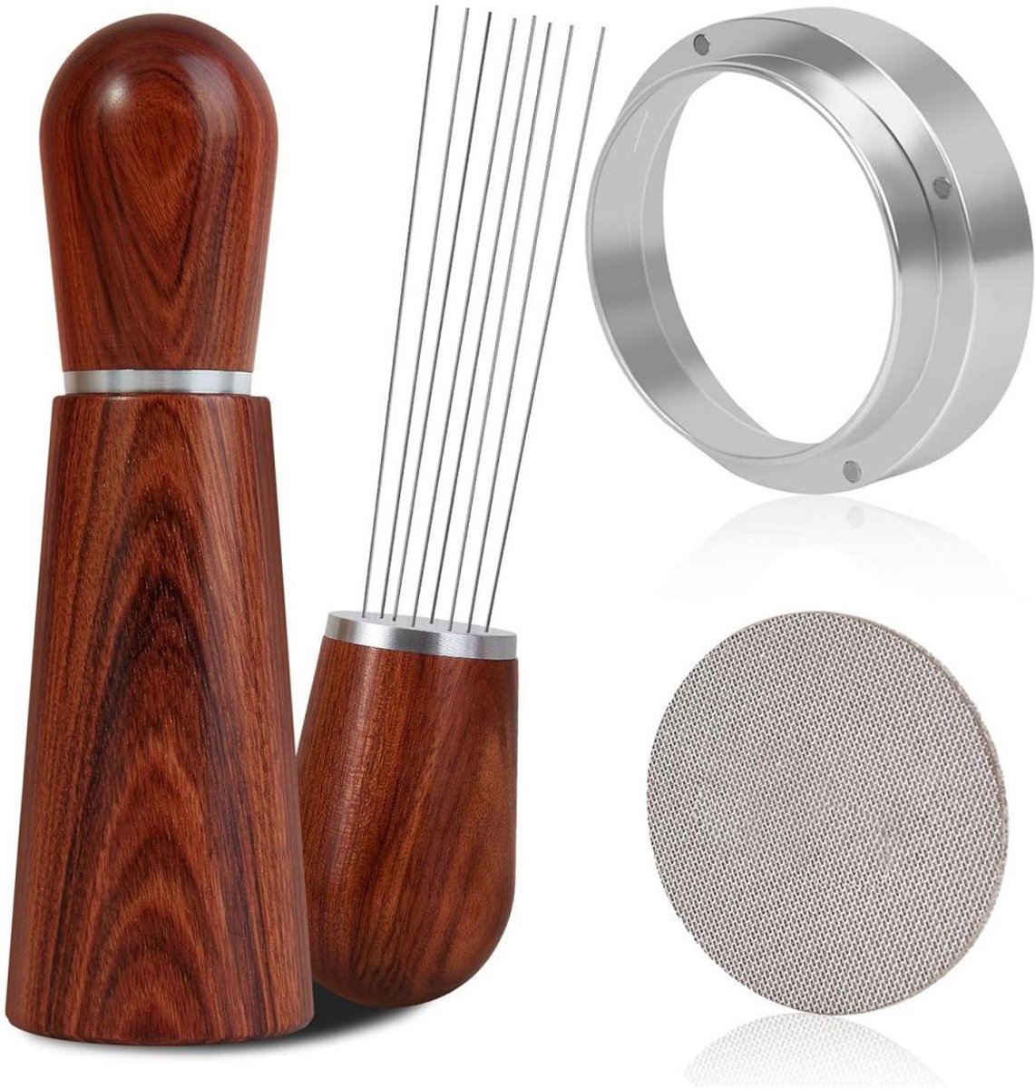 SSTRWGOOD 3-delige Tamper Set - WDT Tool met 8 Fijne Naalden - Geschikt voor 51mm Siebträger - Houten Handvat - Incl. Puck Screen en Dosierring - Barista Espressotoolset