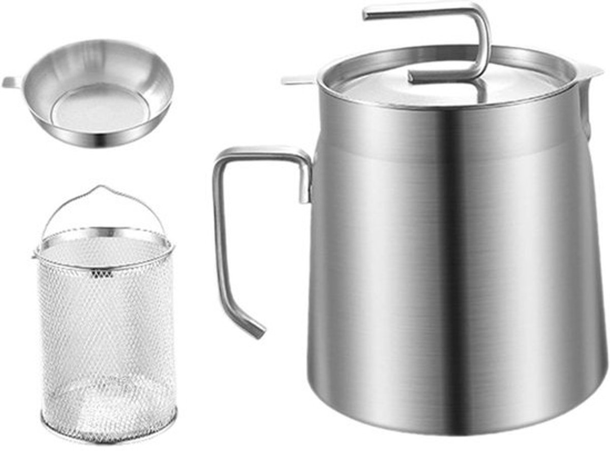 Frituurpan met Zeef - Frituurmandje Oliebewaarder - Frituren en Bewaren - Roestvrij Staal - 1.8 Liter - Zilver