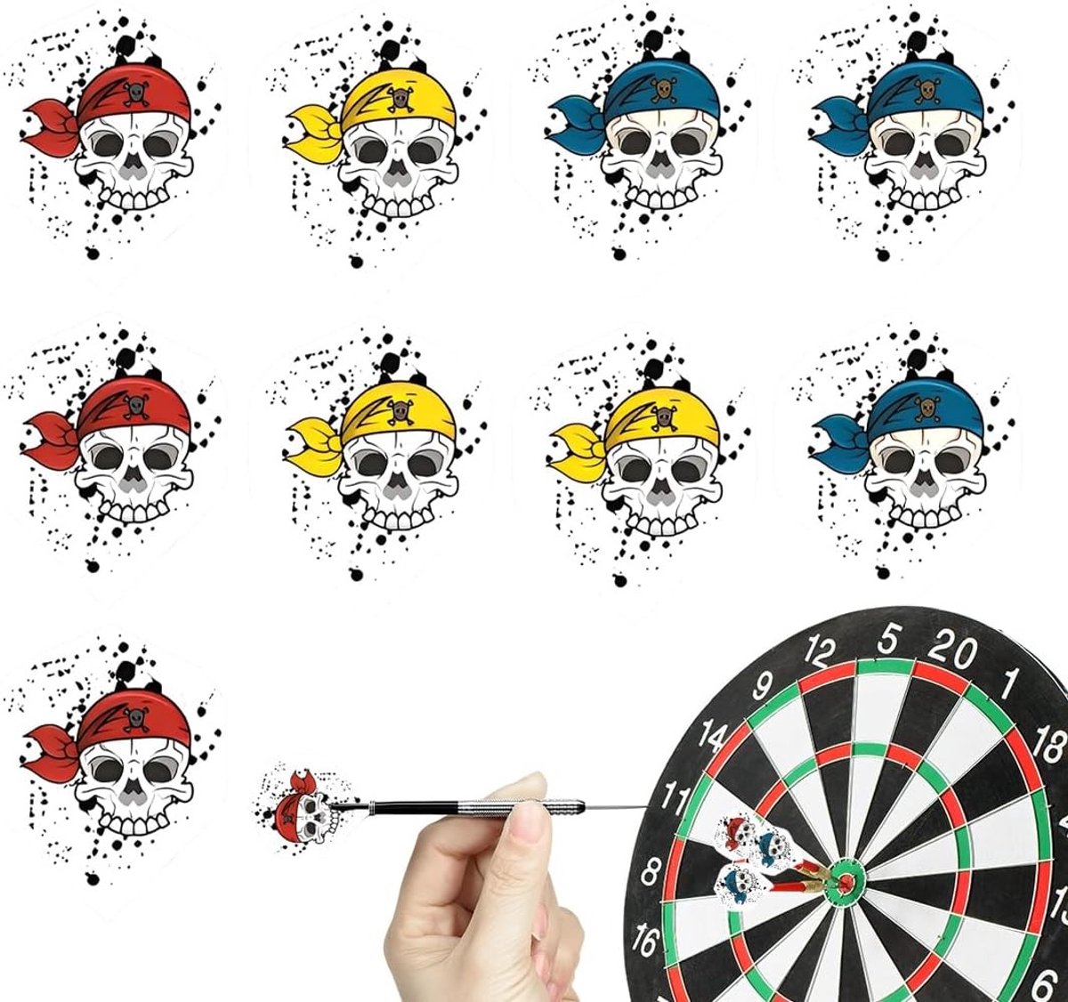 9 Stuks Dart Vleugels voor Pijlen - Accessoires voor Dartspellen - Standaard Vleugels van Kunststof met Teschio Design, Geschikt voor Zachte en Stalen Punten, Afmeting 4.4X3.6 cm