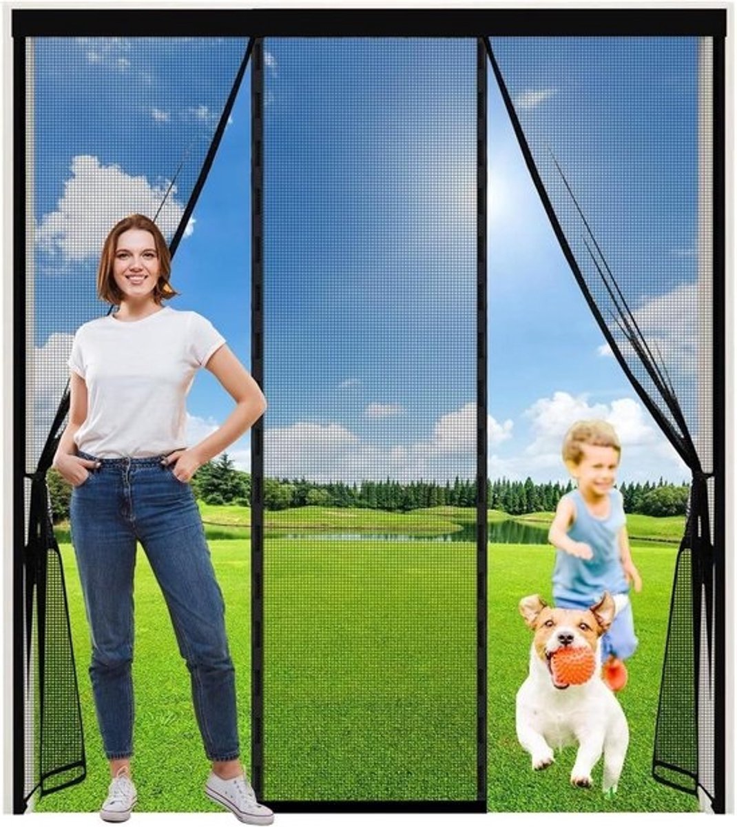 Horren Deur - Vliegendeur Muggennet - Buitenruimte Afschermen - Dubbelzijdig Openend - 155x205cm - Zwart
