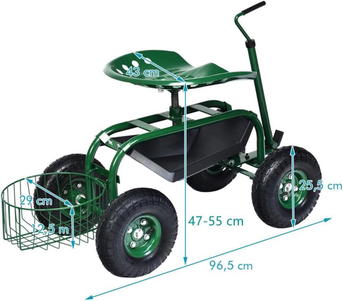 SureDeal® - Tuinier - Tuinwagen - Uittrekbare Handgreep - Mand Graden Draaibaar - Tuinieren Groen - 96,5x47,5x47 cm - Groen