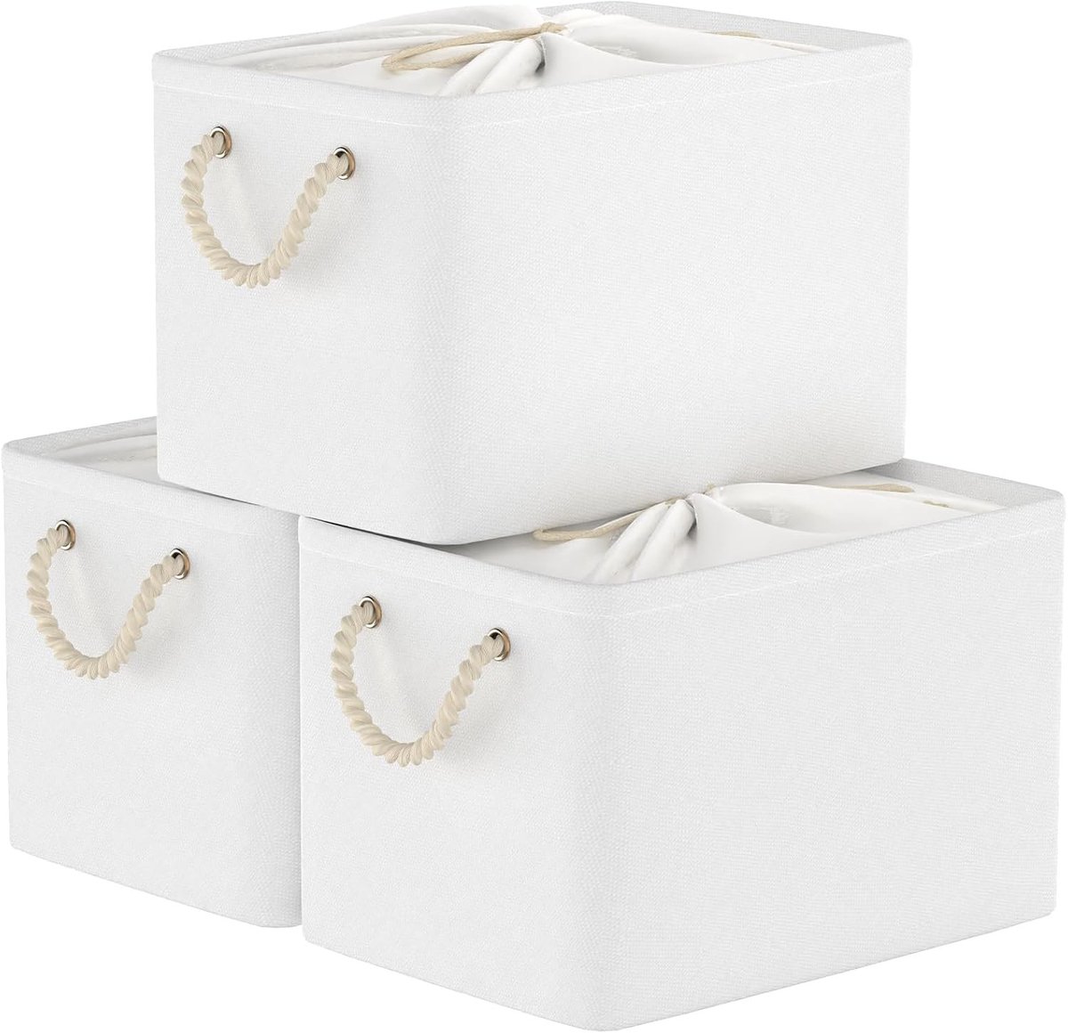3-Pack Opbergmanden van Stof, Vouwbare Opbergmanden met Koorddeksel en 2 Handvatten, Ideaal voor Kast en Plank, 15x11x26cm, Wit, Ruimtebesparend en Organisatie