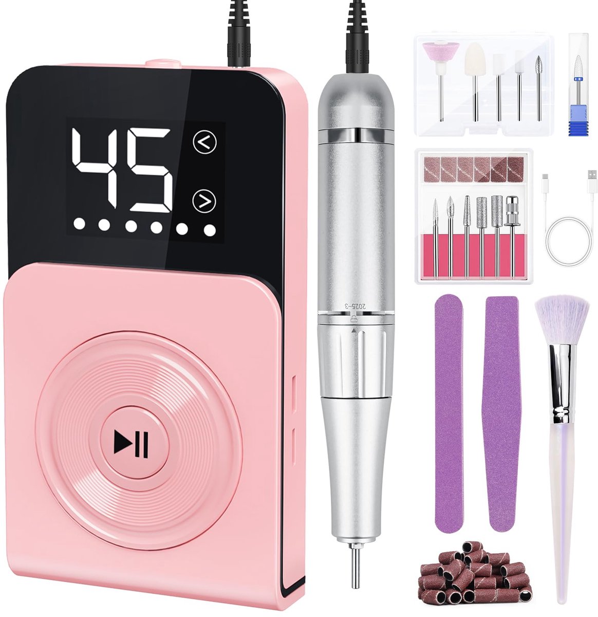 Elektrische Nagelfrees 45.000 RPM – Draadloos – LCD Display – 12 Freesbits + 30 Schuurbandjes – Roze