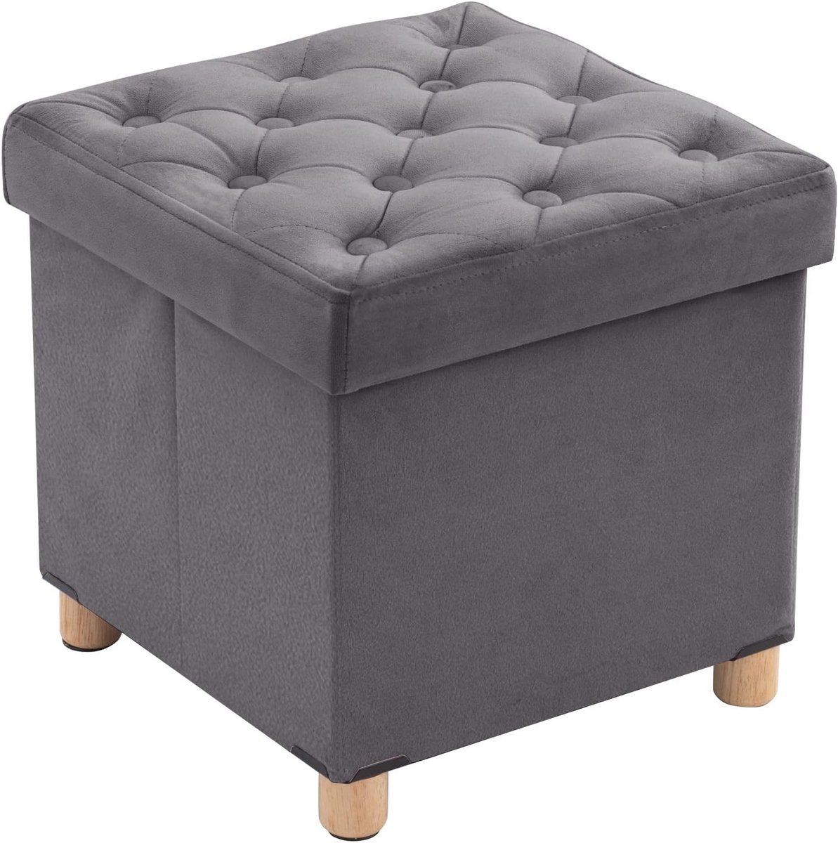 Vouwbare Voetenbank met Opbergruimte en Deksel, Houten Poten, 40 x 40 x 40 cm, Grijs, Comfortabel en Multifunctioneel
