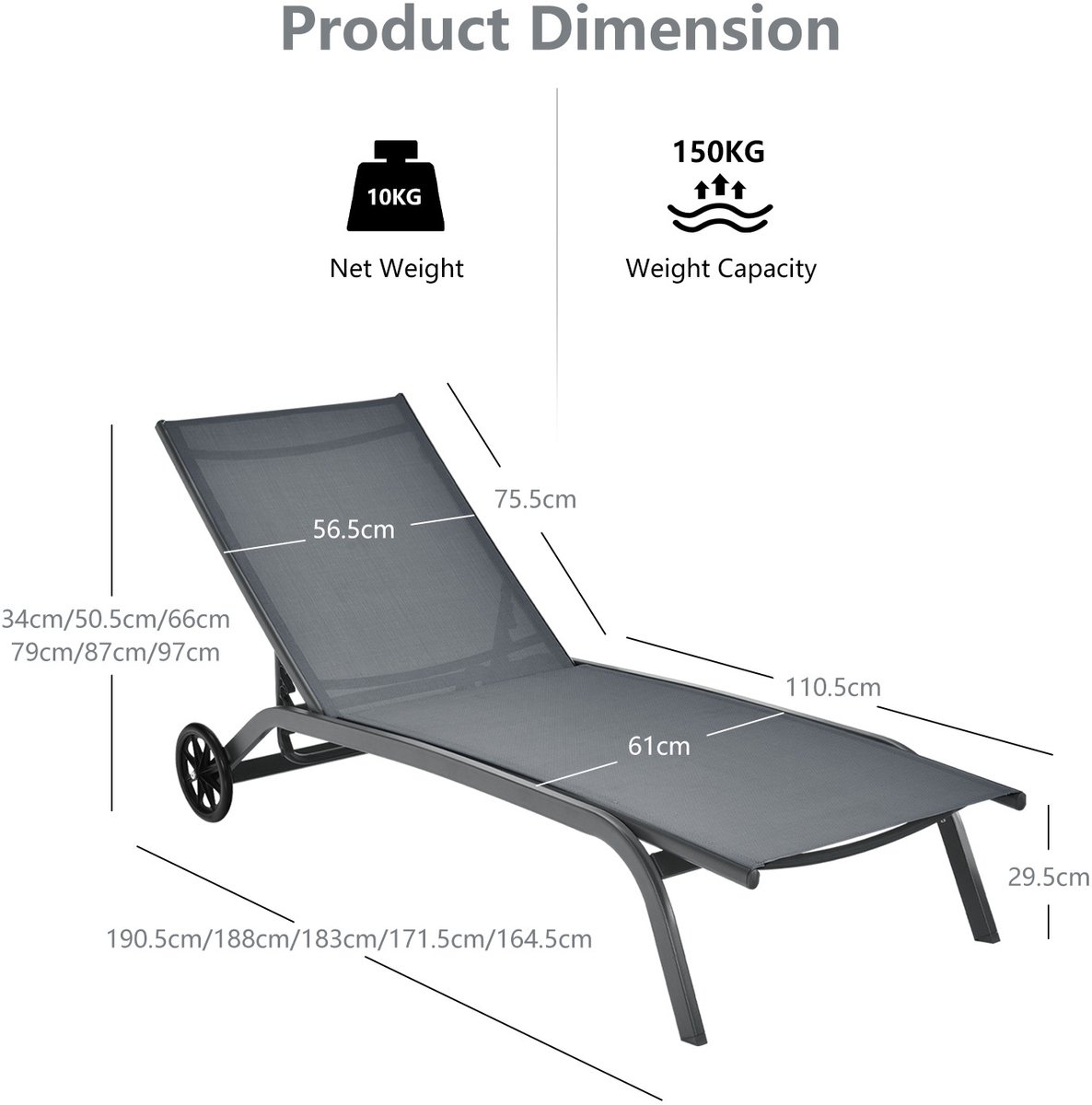 SureDeal® - Tuinstoel - Stucks Verstelbare Ligstoel - Buiten - Wielen - Sneldrogende Stof - Zwembad - Tuin - 191x187x181 cm - Grijs