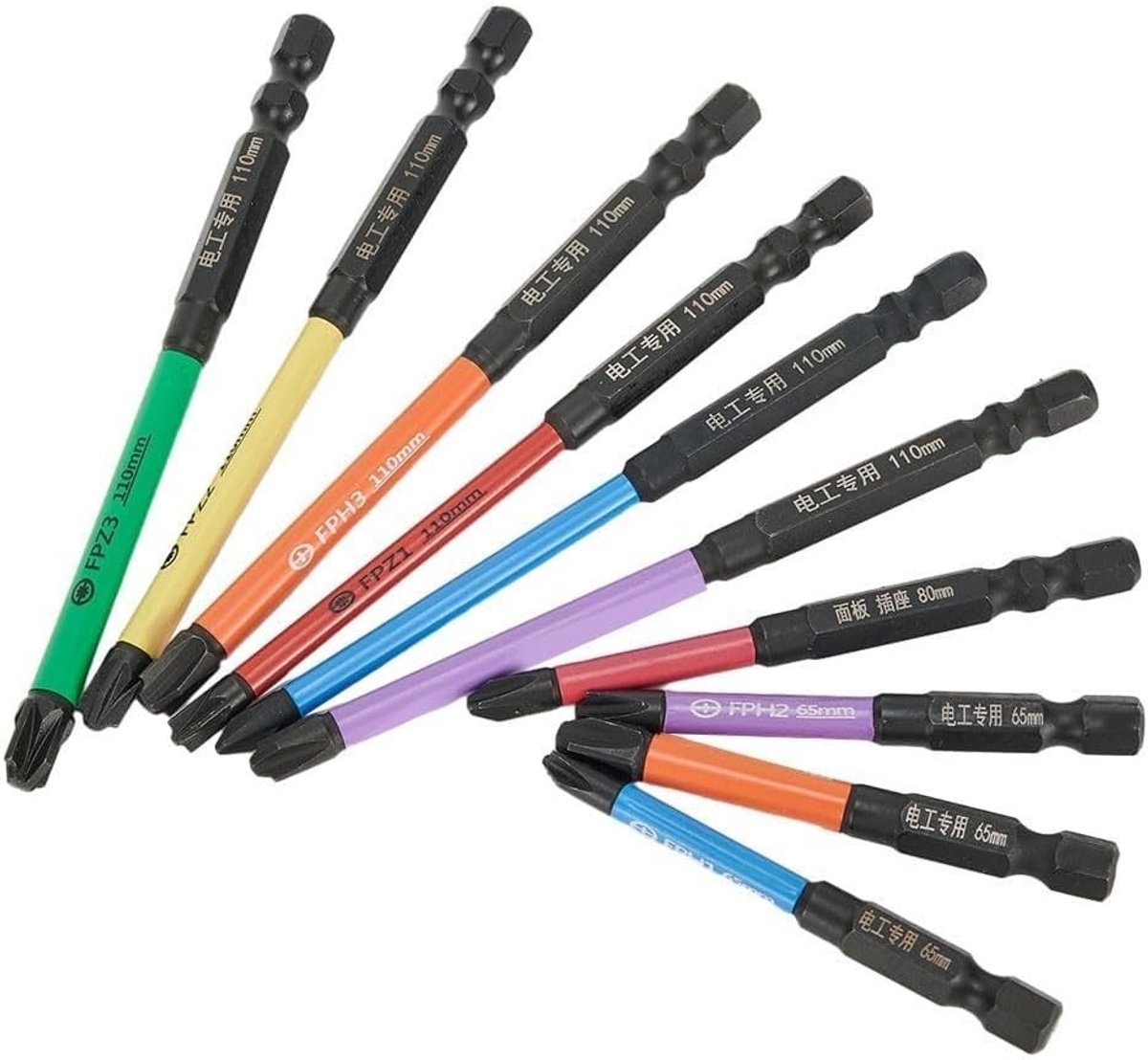 Set van 10 Magnetische Sleufkruiskoppen voor Schroevendraaiers - Geschikt voor Elektriciens, Duurzaam Staal, Diverse Maten 65-110mm