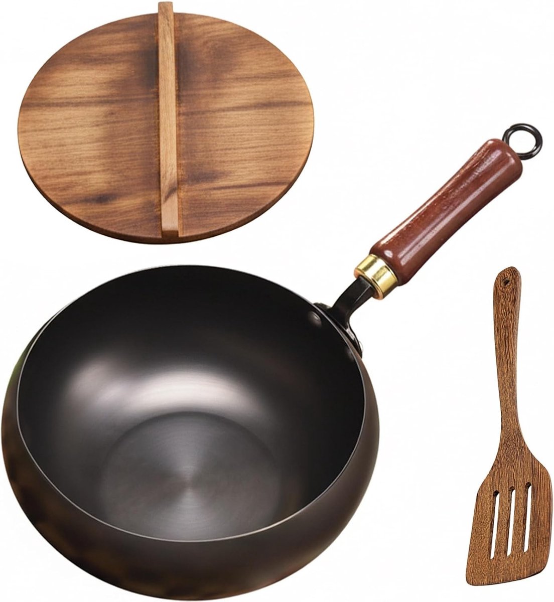 Grote Handgemaakte Kookpot van Gietijzer met Deksel en Houten Spatel - Geschikt voor Inductie, Open Vuur en Kampeer Koken