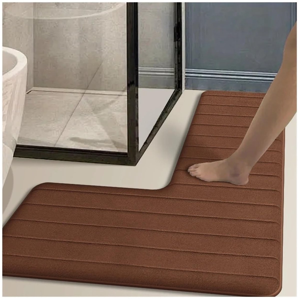 L-vormige Badkamertapijt - Absorberend en Antislip - Bruin 120 x 80 x 45 cm