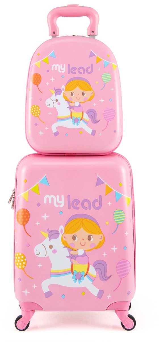 SureDeal® - Kinderkoffer - 2-delige Kinderbagage - Wielen Handbagage - Harde Rugzak Roze - Bruin