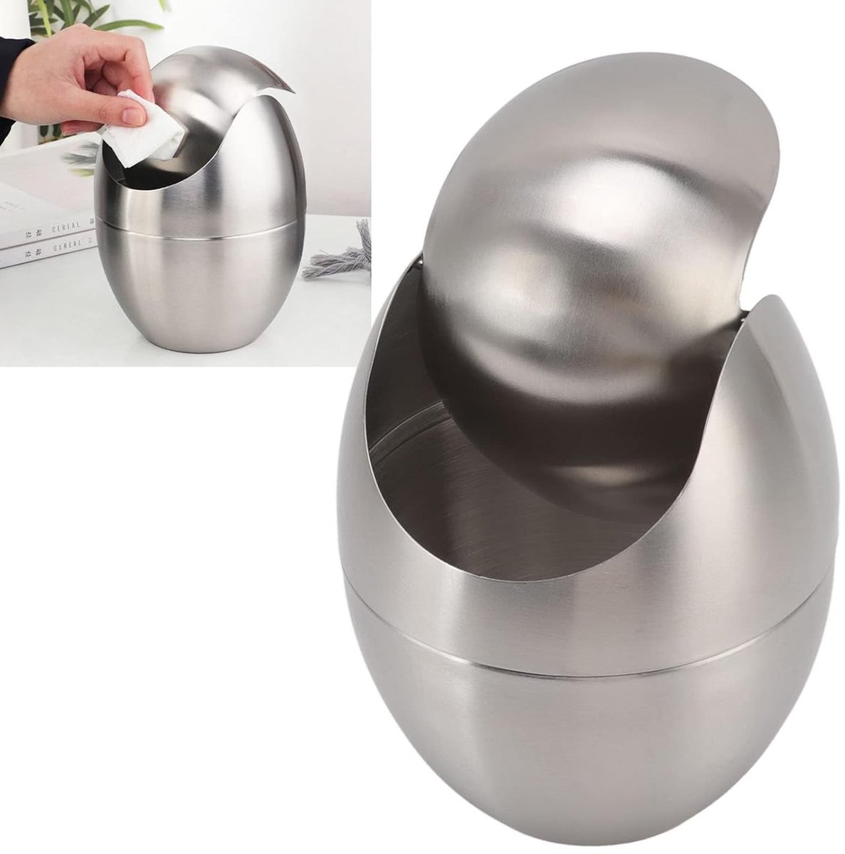 Compacte Afvalbak met Deksel van RVS, Eivormige Mini Prullenbak voor Bureau en Keuken