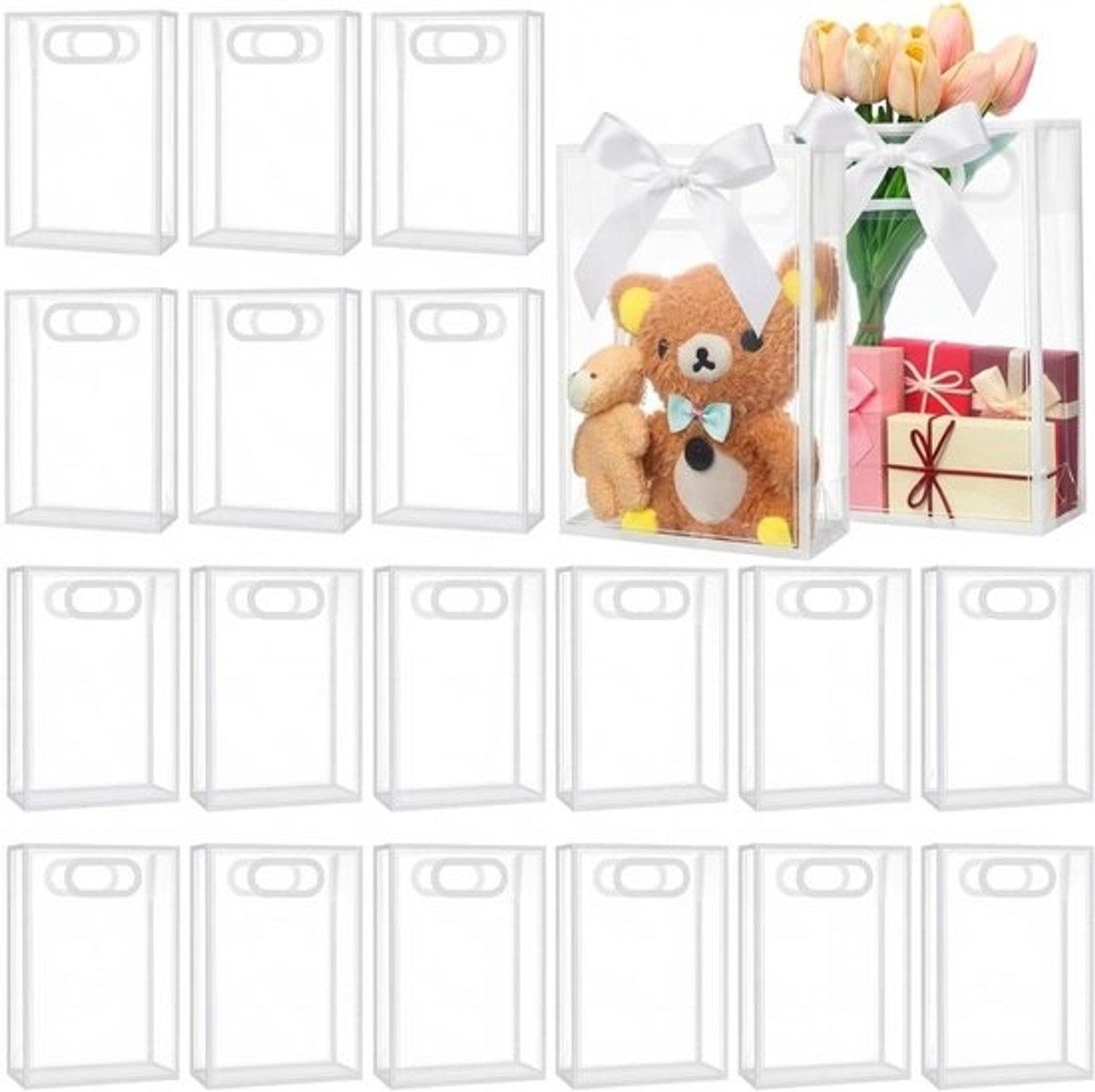 Transparante Geschenkzakjes - Cadeautasjes PVC - Feestelijke Cadeaus - Met Handvatten - 26x18x8 cm - Wit