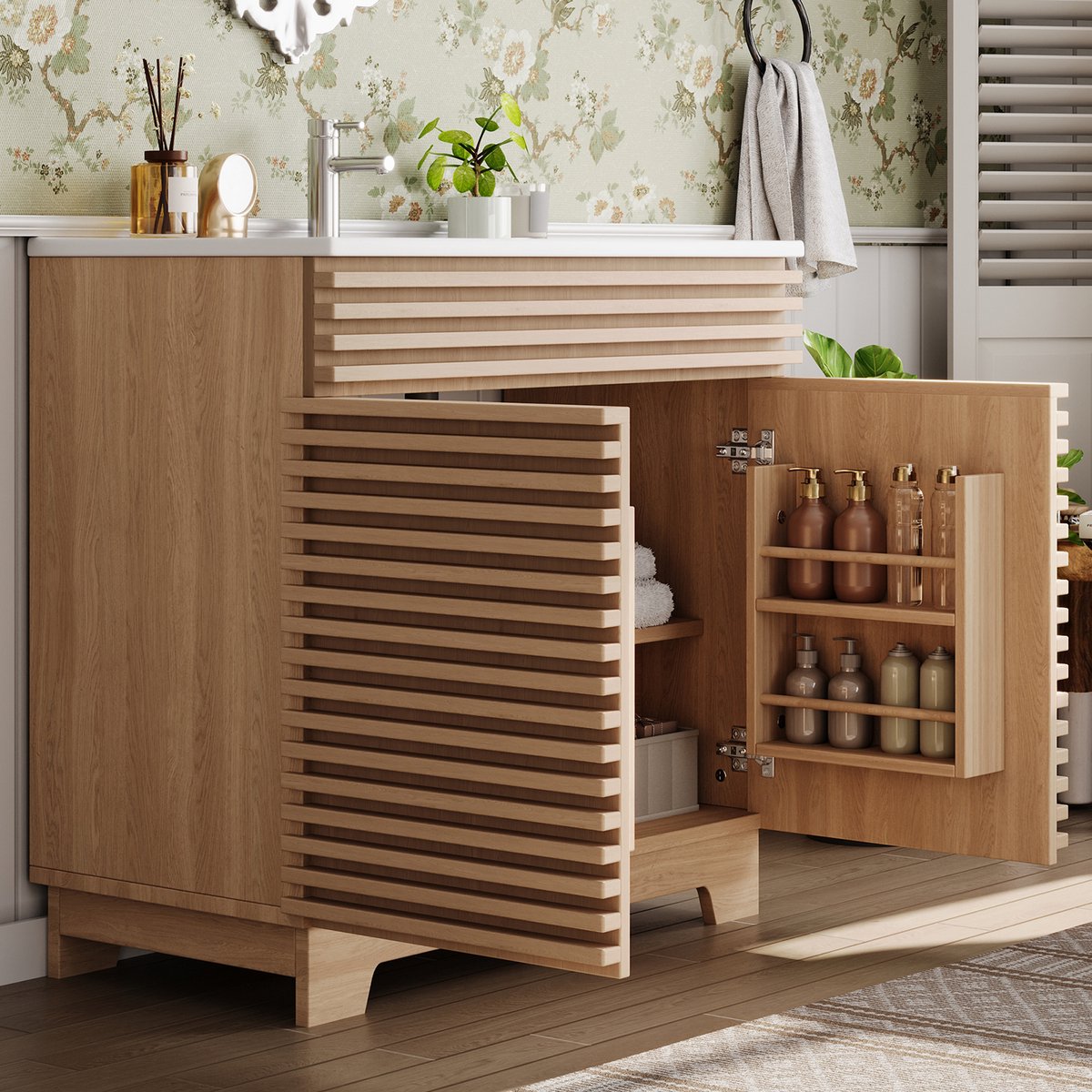 Vrijstaand badmeubel met wastafel 91x46x80 cm - dubbele deuren met soft-close - ingebouwde planken - 3D horizontale schoren - hoge poten - naturel