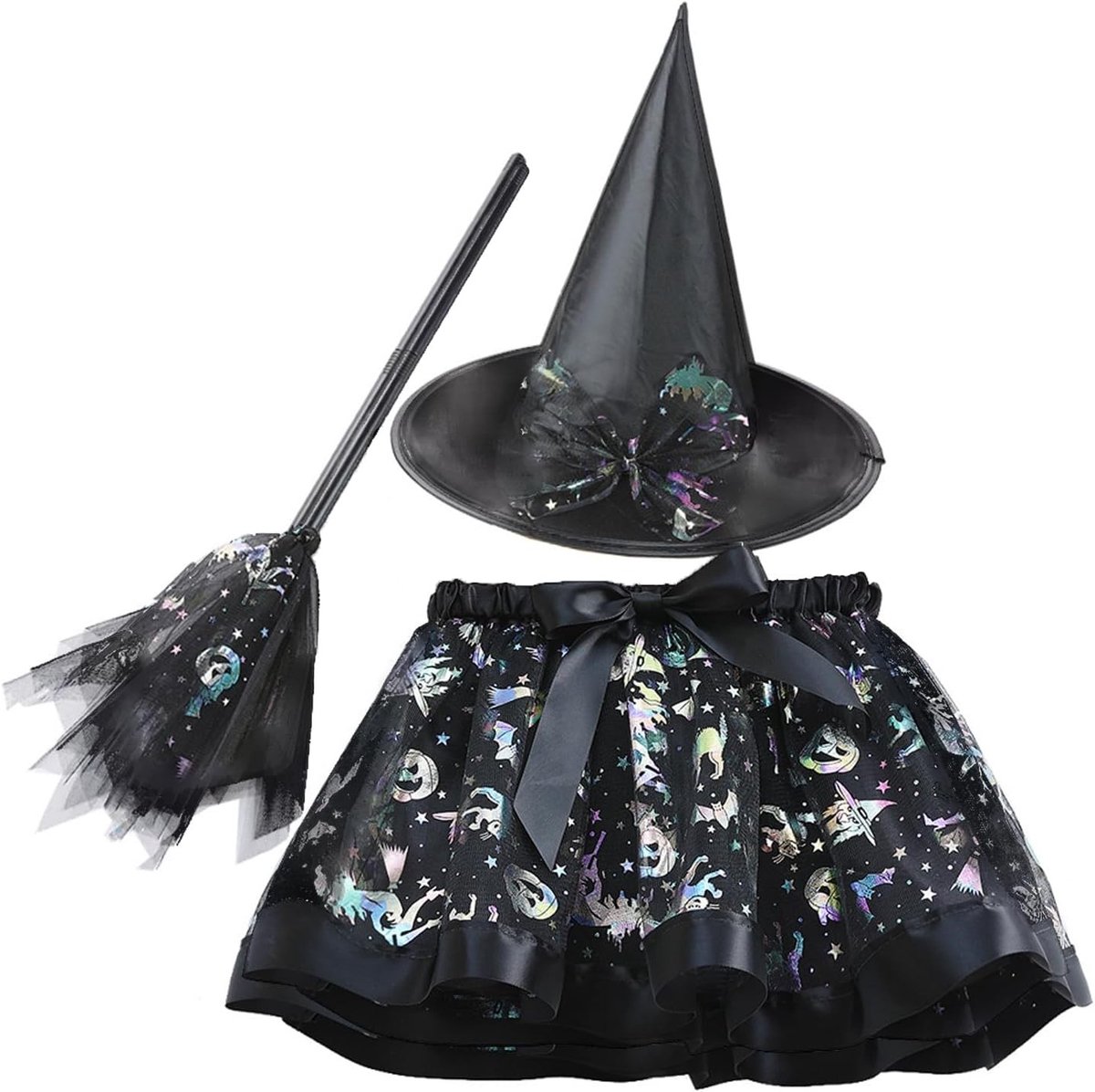 Spookachtig Halloween kostuum voor meisjes met zwarte tulle rok, heksenhoed en bezem - Perfect voor trick-or-treat en verkleedfeestjes