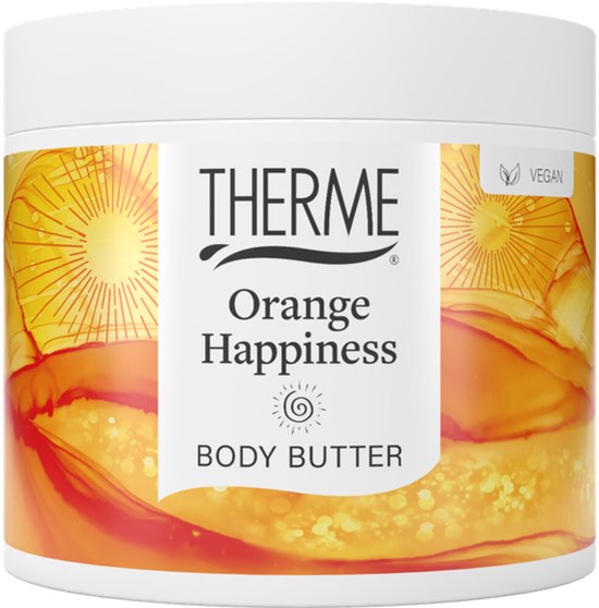 Potje bodybutter met label "THERME Orange Happiness Body Butter" en vegan-logo, met abstract oranje en geel patroon.