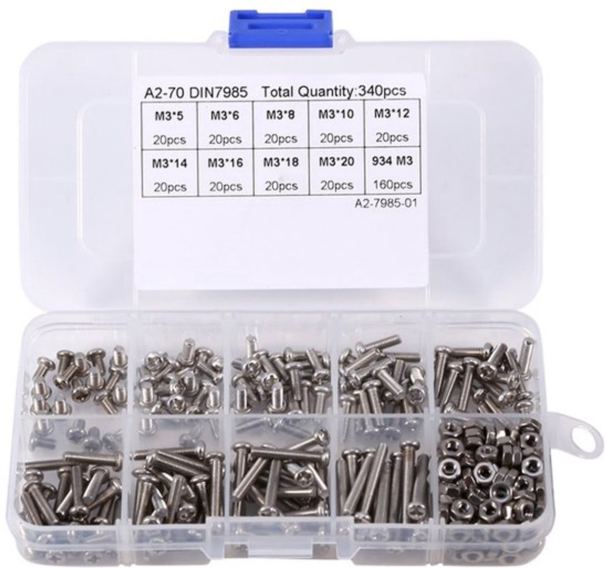 340Pcs M3 RVS Schroeven Moeren Bouten, Moeren Assortiment, Boutenset, Lenskop, Sets Met Schroeven, Moeren, Moerbouten Sets Met Doos