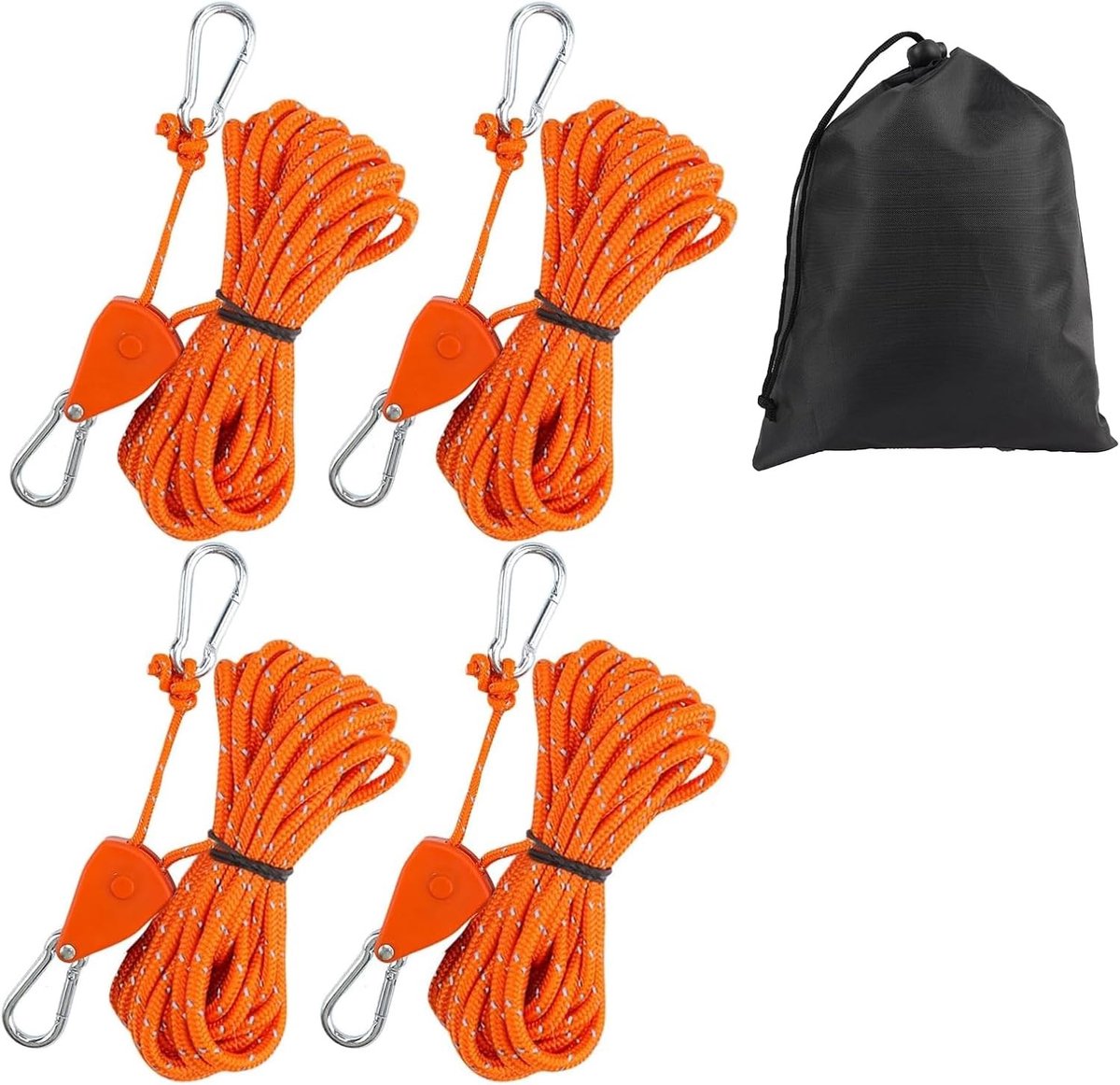Set van 4 Reflecterende Tentlijnen van 4m met Spanner en Opbergzak voor Camping, Zeil en Outdoor Activiteiten