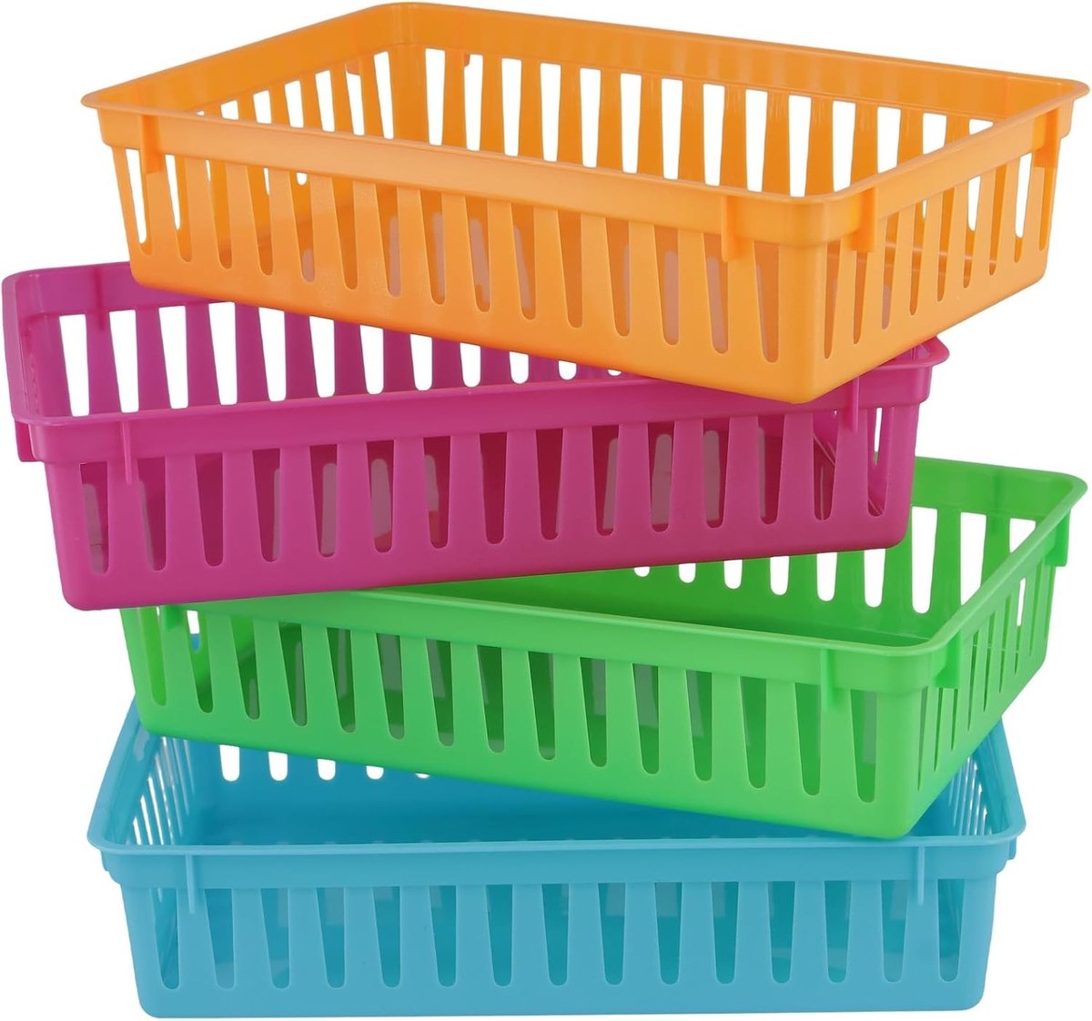 12 Stuks Opbergmanden 26 x 16,5 x 6,1 cm - Kleurrijke Plastic Organizermanden voor Thuis en Kantoor, Ideaal voor Opbergpapier en Bureauaccessoires