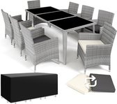 tectake® Wicker Tuinset - Tuinmeubelset voor 8 Personen - 8 Stoelen met Tuintafel met Glazen Blad - Aluminium Frame - Inclusief 2 Hoezensets en Beschermhoes - Weerbestendig Balkonmeubilair - Lichtgrijs