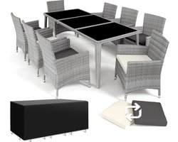 tectake® Wicker Tuinset - Tuinmeubelset voor 8 Personen - 8 Stoelen met Tuintafel met Glazen Blad - Aluminium Frame - Inclusief 2 Hoezensets en Beschermhoes - Weerbestendig Balkonmeubilair - Lichtgrijs