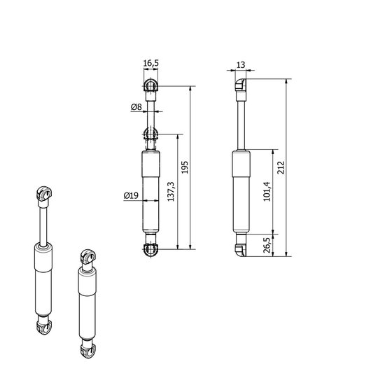Technische tekening van gasdrukdempers met afmetingen in mm.