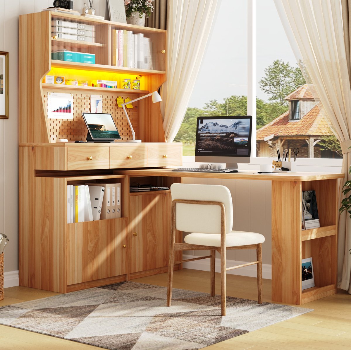 FloraGrace Boekenkast - Hoge Kast Met Bureau, Bartafel En Ledverlichting - App Bediening, Glazen Schuifdeuren, Verstelbare Planken - MDF En Glas - 137x74x177,7 Cm - Naturel
