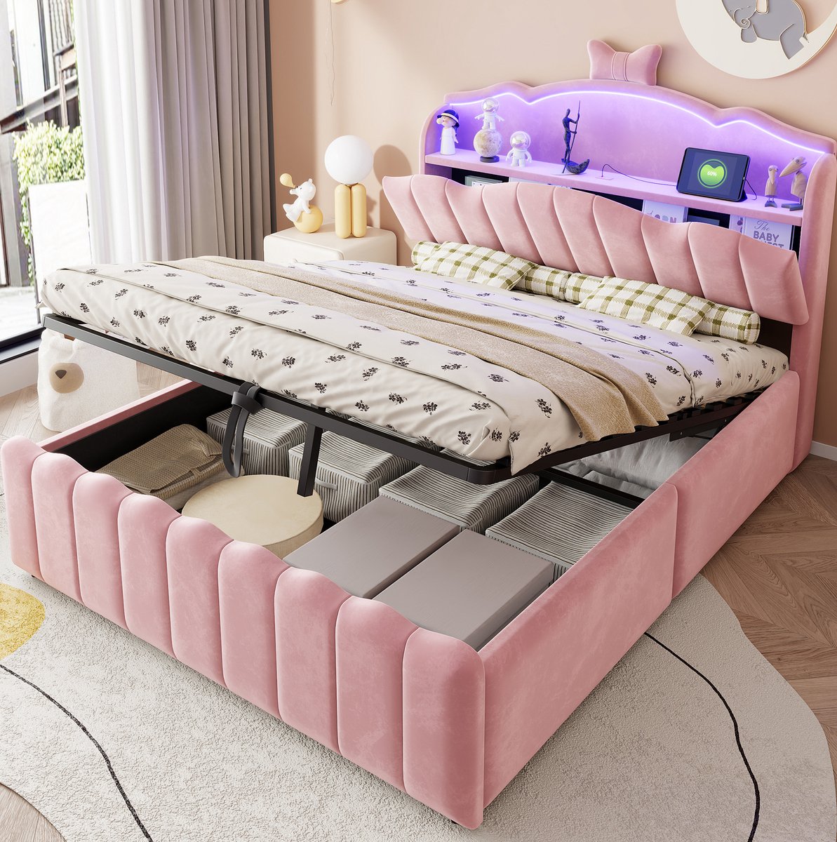 FloraGrace Kinderbed 140x200 cm - Met LED Hoofdbord en USB USB-C - Hydraulische Opbergruimte - Zonder Matras - Fluweel - Roze