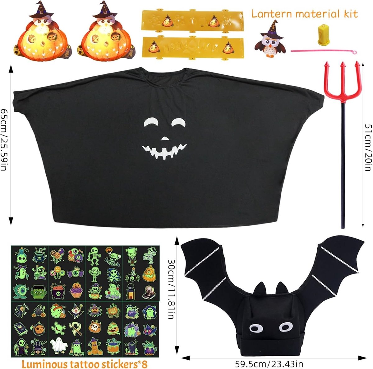 Halloween Kostuum voor Kinderen, Spookkostuum met Vleermuis Hoed, Trident Loopstok, Oplichtende Pompoen Lichten en Tatoeage Stickers voor Feest en Carnavalskleding