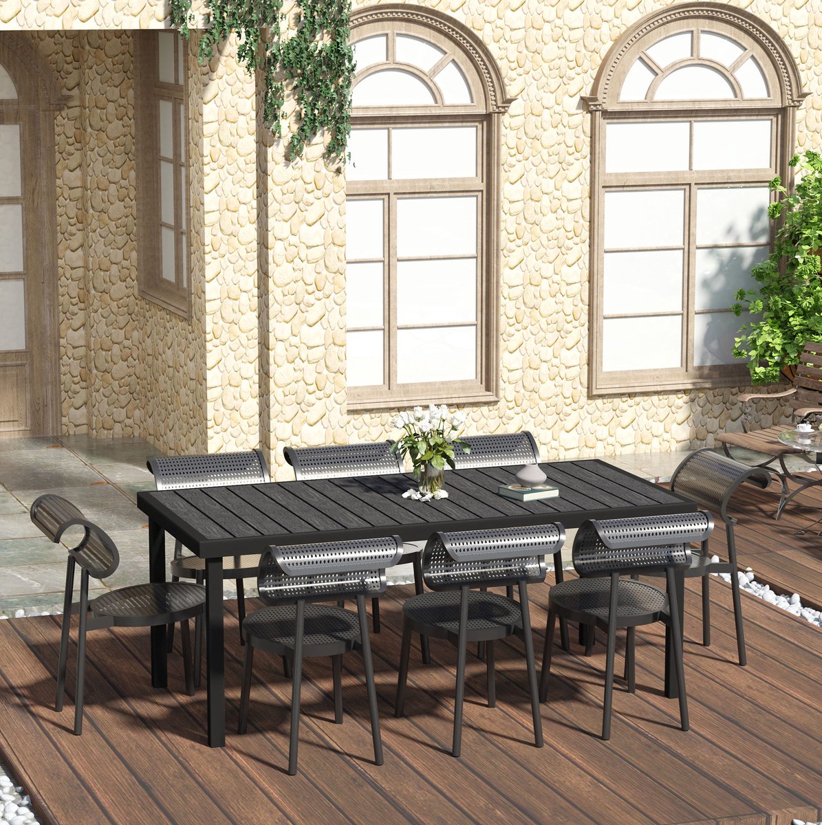 MEUNIQ tuintafel eettafel voor 8 personen 190 x 90 x 74 cm rechthoekig zwart met aluminium frame en kunststof tafelblad voor tuin en terras