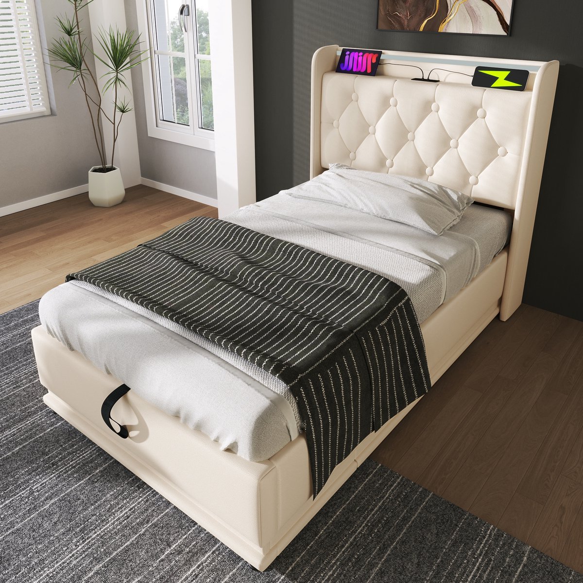 MEUNIQ eenpersoons bed 90x200 cm met LED, hydraulische opbergruimte, USB en Type-C, gestoffeerd hoofdbord, lattenbodem, wit kunstleer, slaapkamer