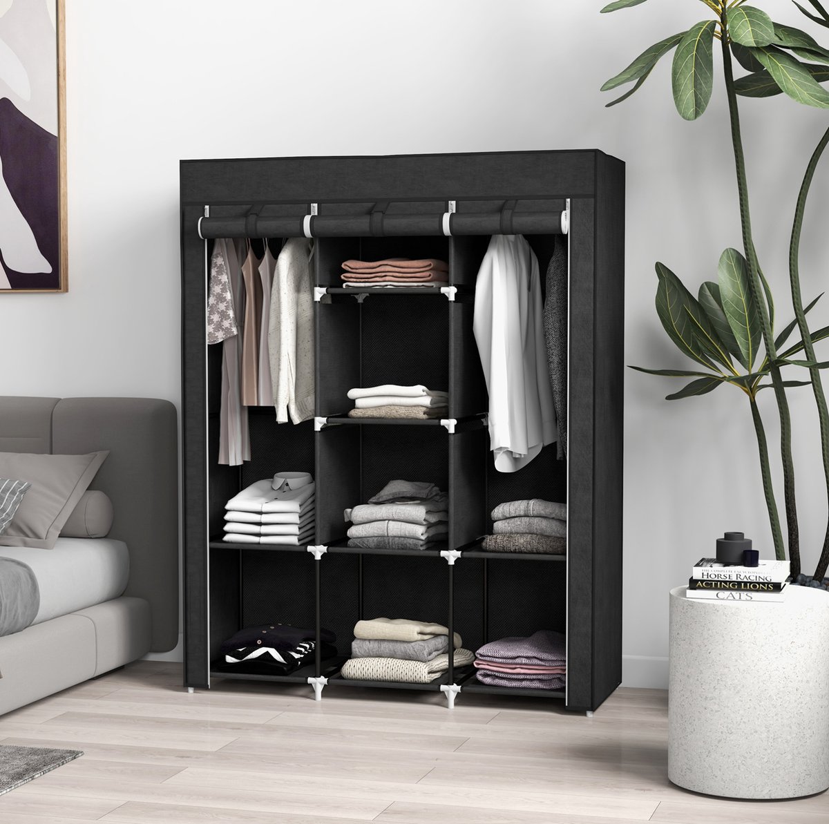MEUNIQ stoffen kledingkast 125 x 43 x 162,5 cm met 2 kledingstangen en 8 planken, opvouwbare opbergkast met ritssluiting voor slaapkamer of hal, zwart