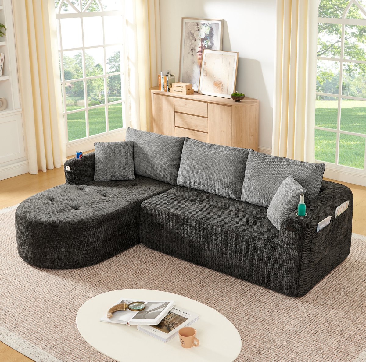FloraGrace Hoekbank – 3-Zits L-Vorm Cloud Couch 255 x 170 cm – Geen Montage, Met Rvs Bekerhouder En Opbergvakken – Linnen – Zwart