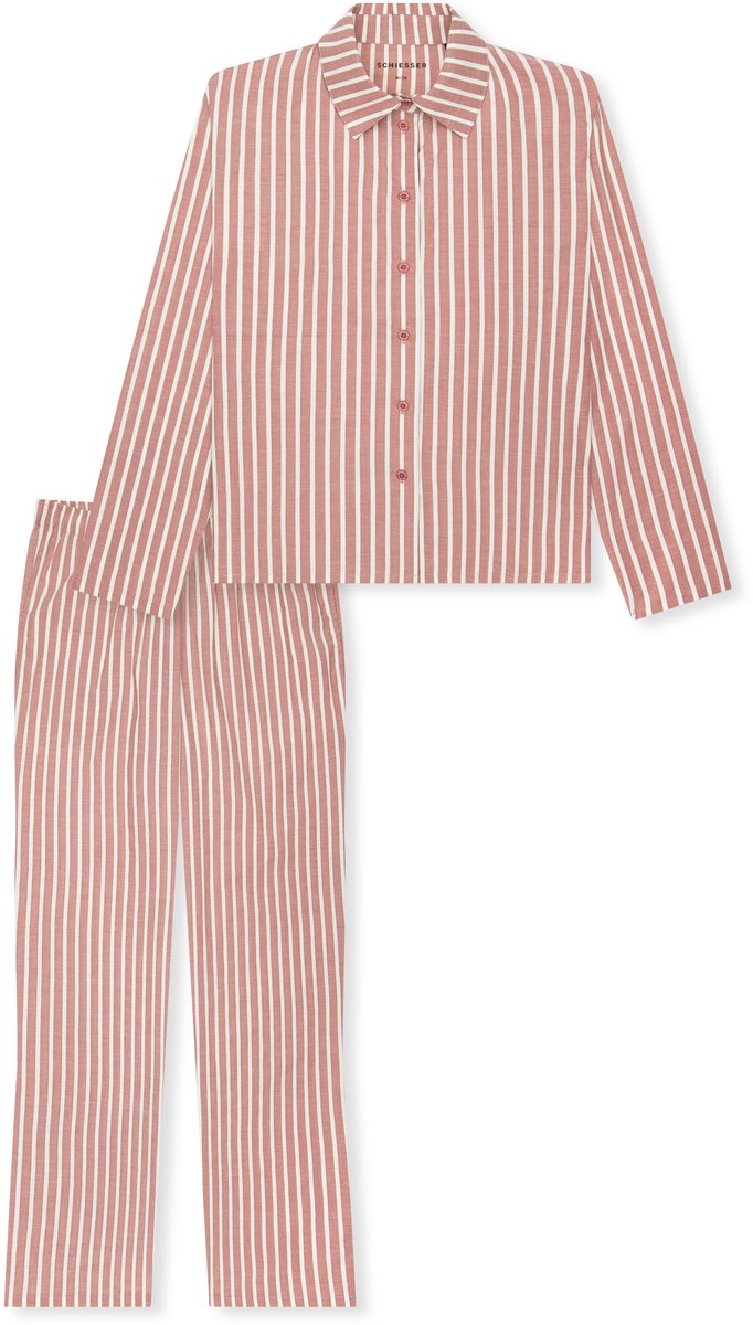Schiesser dames Selected Premium lang pyjama van geweven stof met strepen in terracottakleur - terracotta dessin Oranje