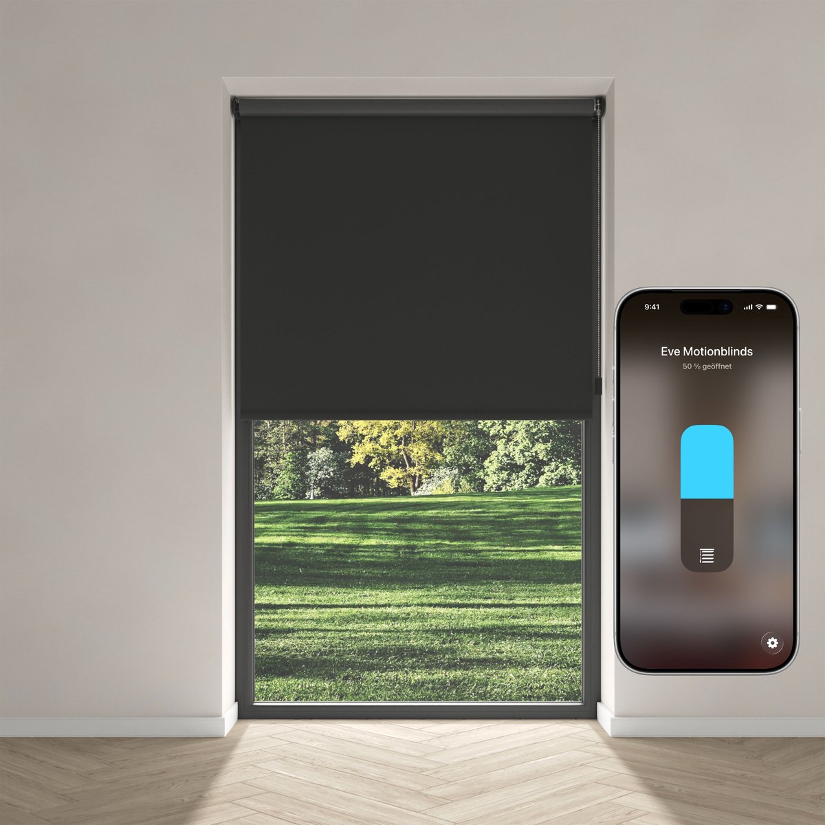 Eve Motionblinds (Matter) - Slim elektrisch rolgordijn voor binnen, app-/spraakbediening, schema's, verduisterend, oplaadbare accu, vrijhangend, schroefmontage, automatiseringen, vereist een hub, zwart - 70x190cm