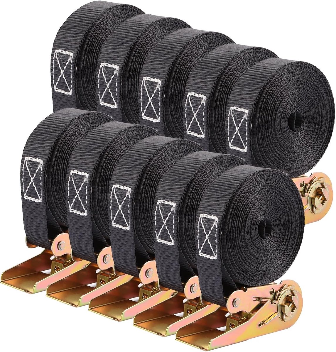 Set van 10 ratelbanden zonder haak, 6 m lang, 25 mm breed, sterke ladingsecure strap, tot 800 kg, ideaal voor camping, vervoer en opslag van goederen