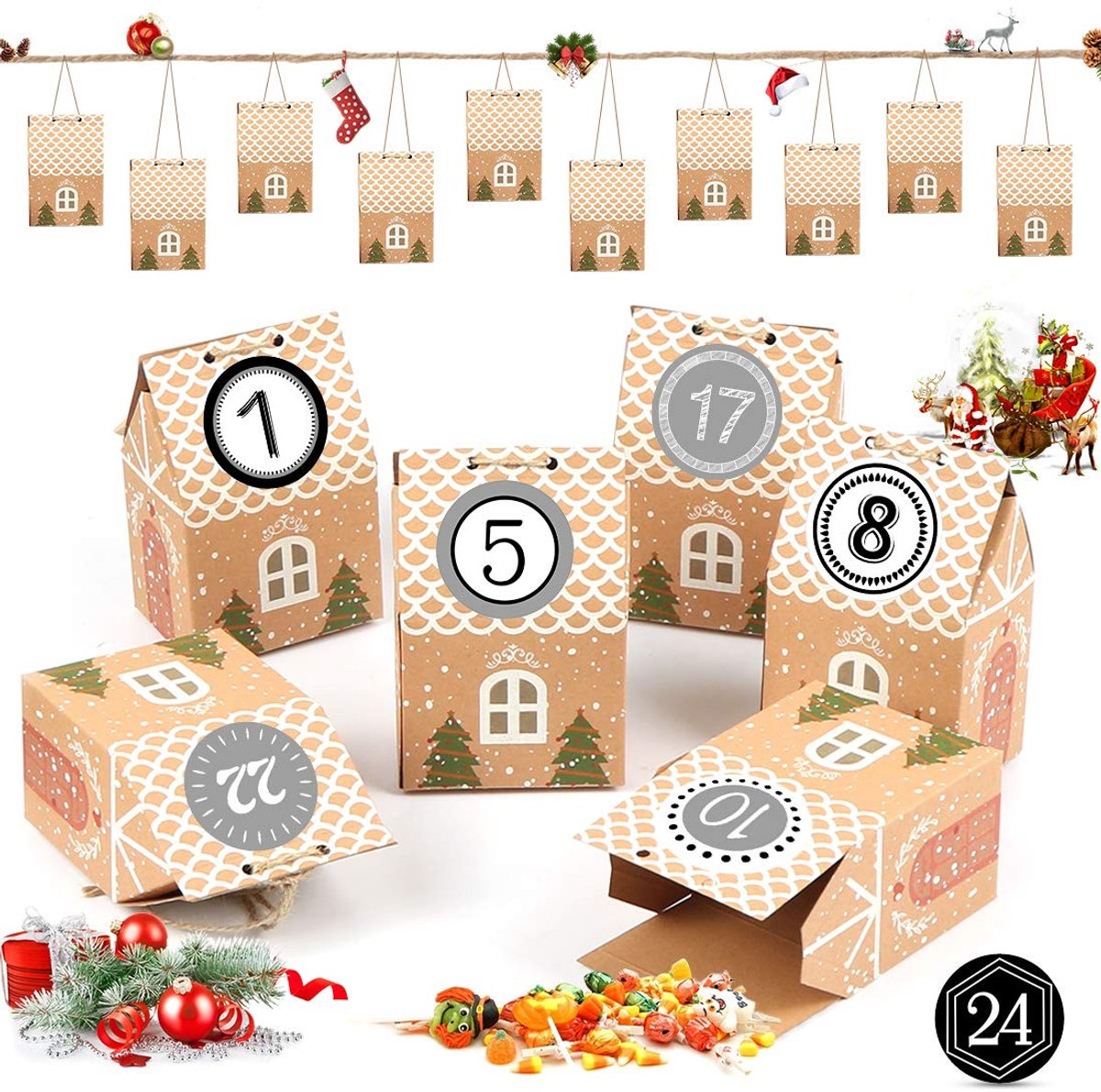 Inovra- Adventskalender 2025 - 24 Dozen om te Vullen - DIY Knutseldozen - Herbruikbaar - Premium Papier - Schattige Huisjes - Kalenderdozen