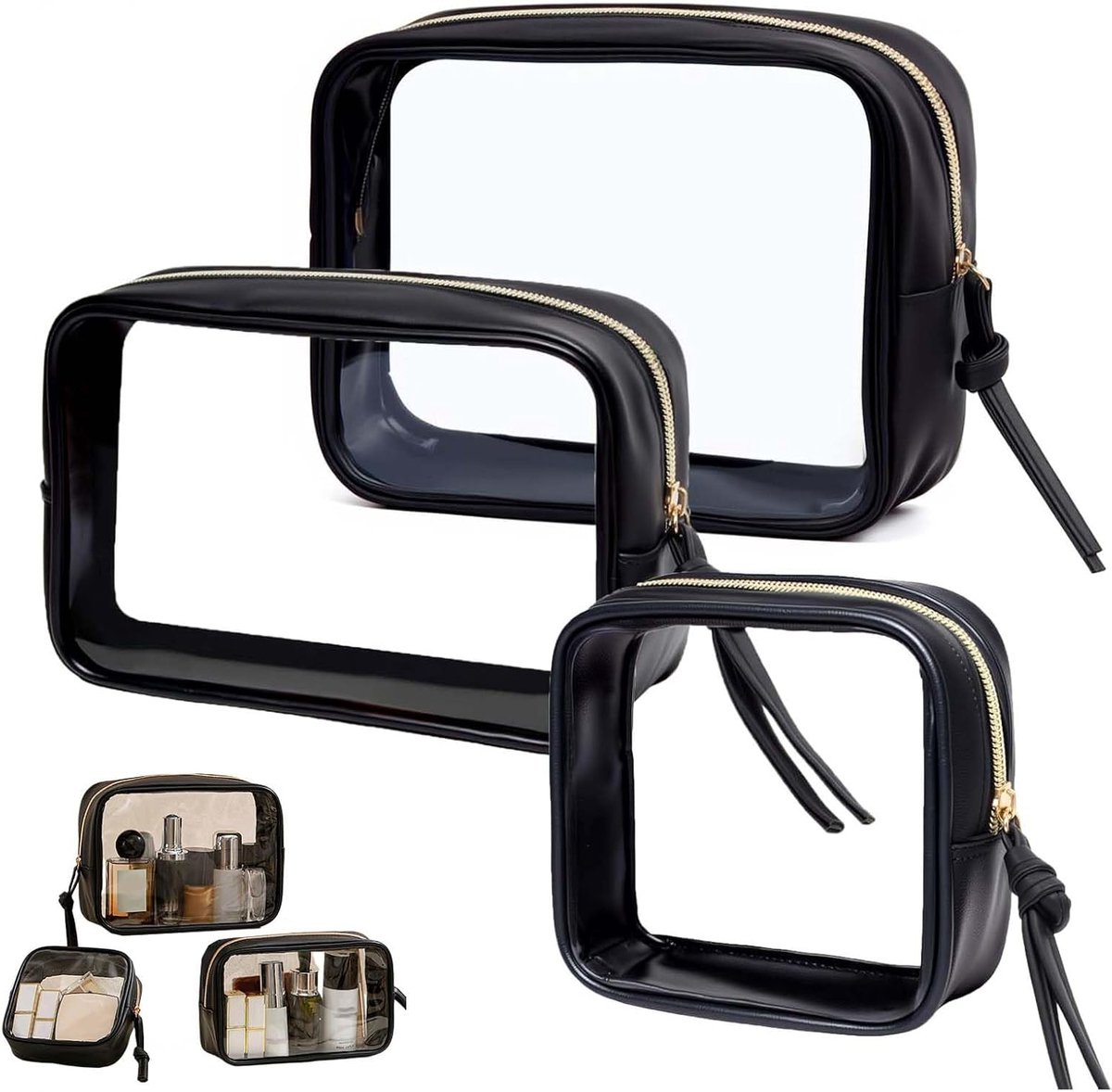 Thijox - Transparante Toilettas Set van 3 Heldere Cosmetica Tassen voor Toiletartikelen, Vloeistoffen en Make-up, Handbagage Reisaccessoires, Compact