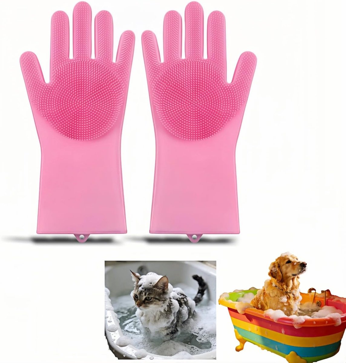 OLOEY Siliconen verzorgingshandschoen voor honden en katten – verbeterde pasvorm met vijf vingers, antislip en verlengde manchet – dubbelzijdige borstel voor wassen, masseren en grondig reinigen – 1 paar (roze)