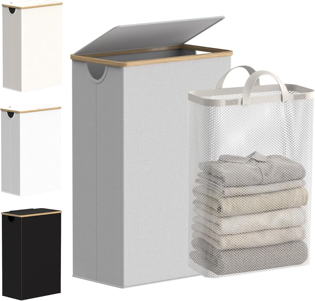 Slimme Wasmand met Deksel, Smalle Wasmand met Verwijderbare Tas, Opvouwbare Vuilwasmand met Handvatten voor Badkamer, Slaapkamer en Wasruimte, 75L, Lichtgrijs - Ideaal voor Organisatie en Ruimtebesparing