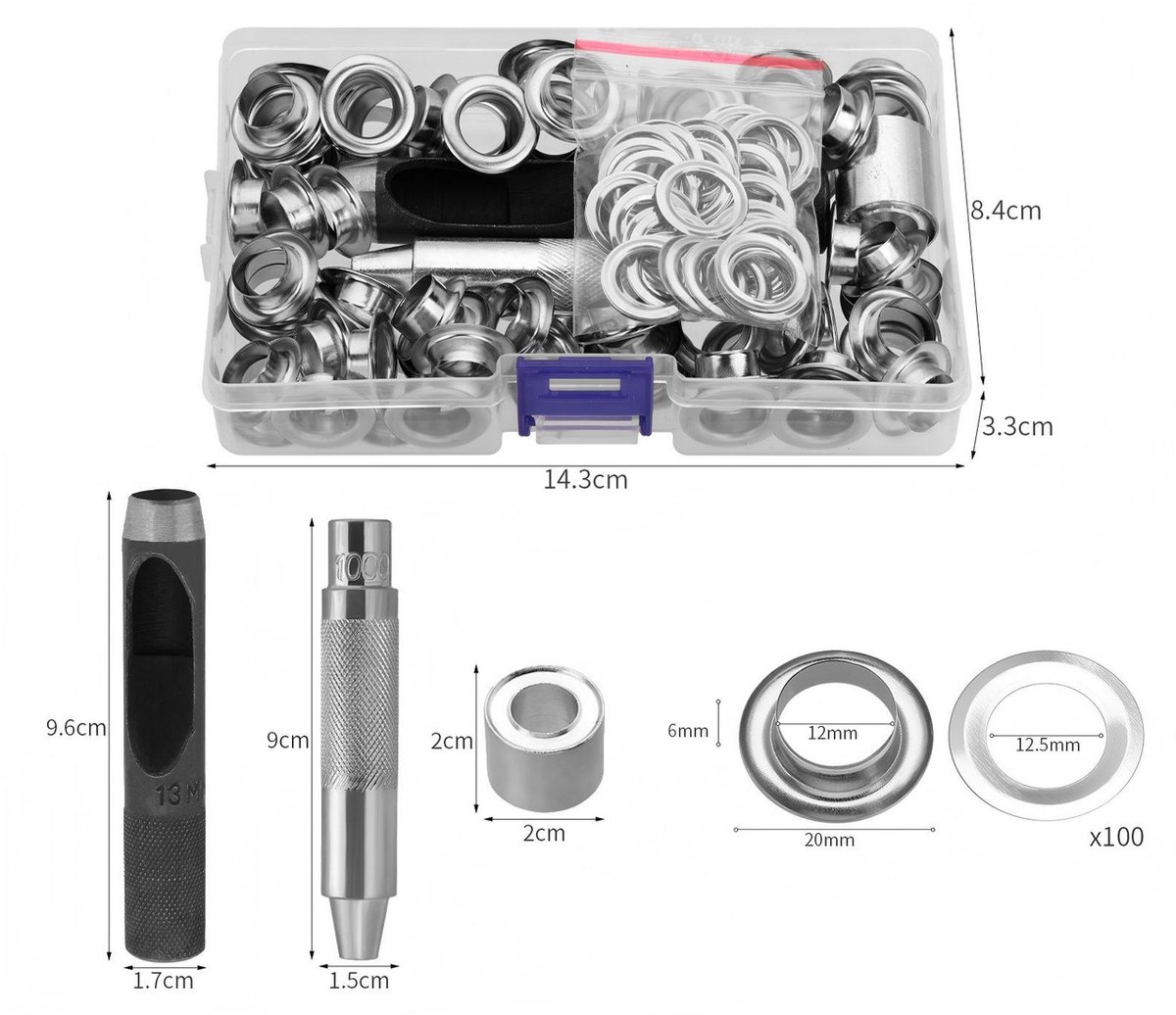 Gatenponsset, inclusief perforator, ringen, oogjestang en 100 oogjesclips voor waterdichte stof, leer, textiel, gordijnen en zwembadafdekkingen,Zilver - 10 mm