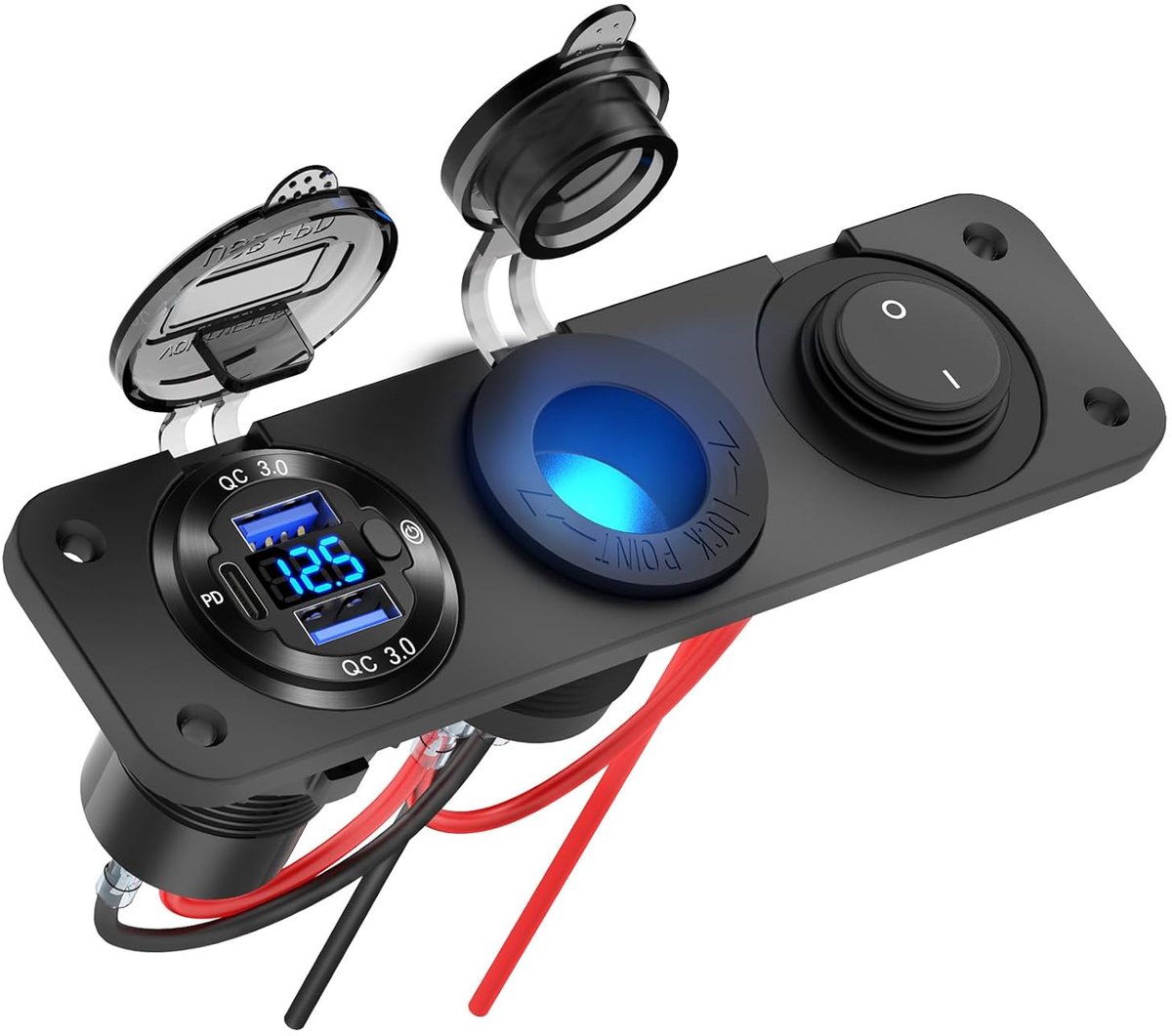 Thijox - 12V USB-stopcontact voor Boot, Marine Accessoires, Aluminium Autolader met 3 USB-poorten (PD3.0 30W + QC3.0 18W + QC3.0 18W), Voltmeter en Ve