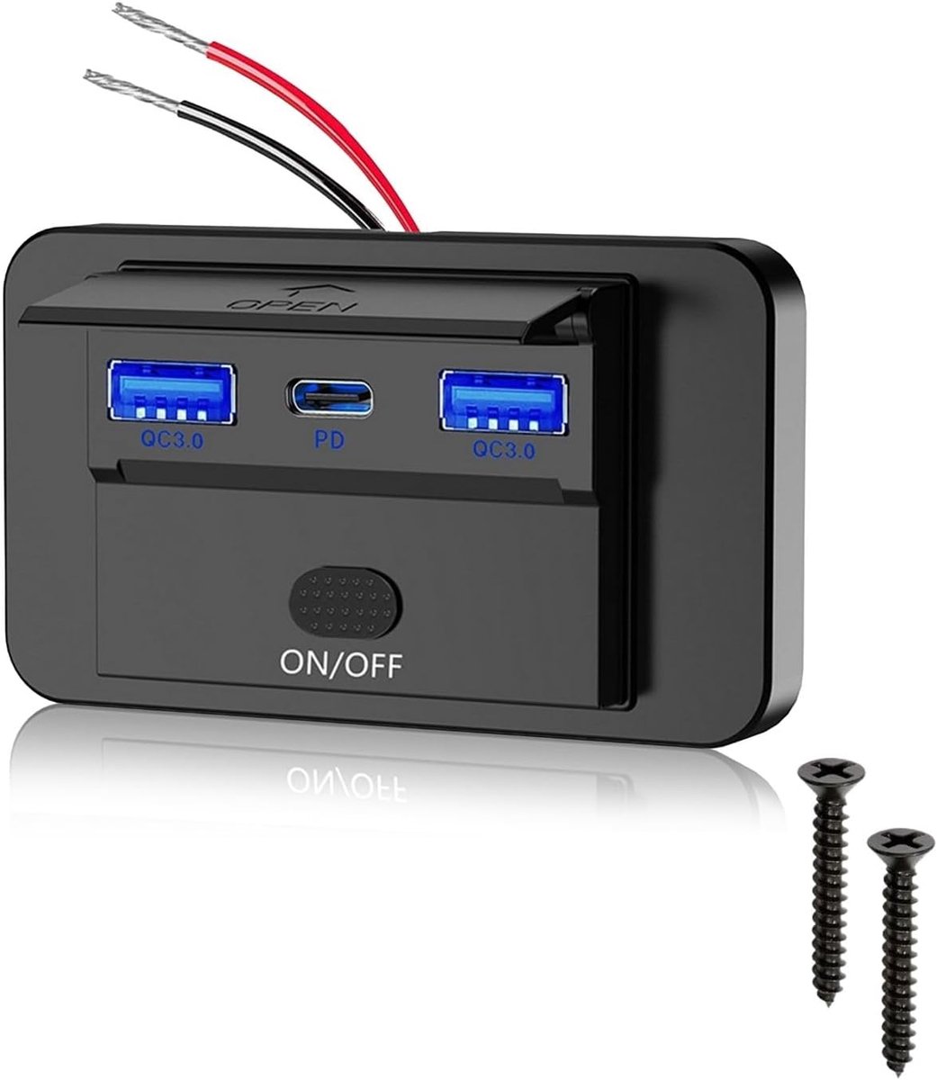 Thijox - 72W 12V USB-stopcontact met QC3.0 PD3.0 Snel Opladen voor Camper, Auto, Boot - Waterdicht, 3 USB-aansluitingen, Met Schakelaar, 12-24V Wandmo