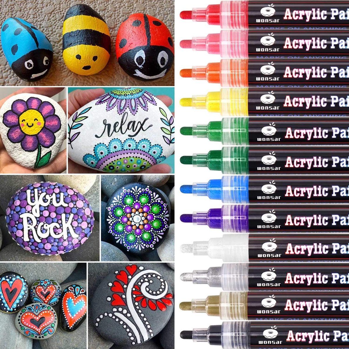 SnelShoppen - 12 Kleurige WONSAR Acryl Stiften voor Steen, Waterdichte Permanent Markers voor Kinderen, DIY Keramiek, Glas, Porselein, Metaal, Plastic