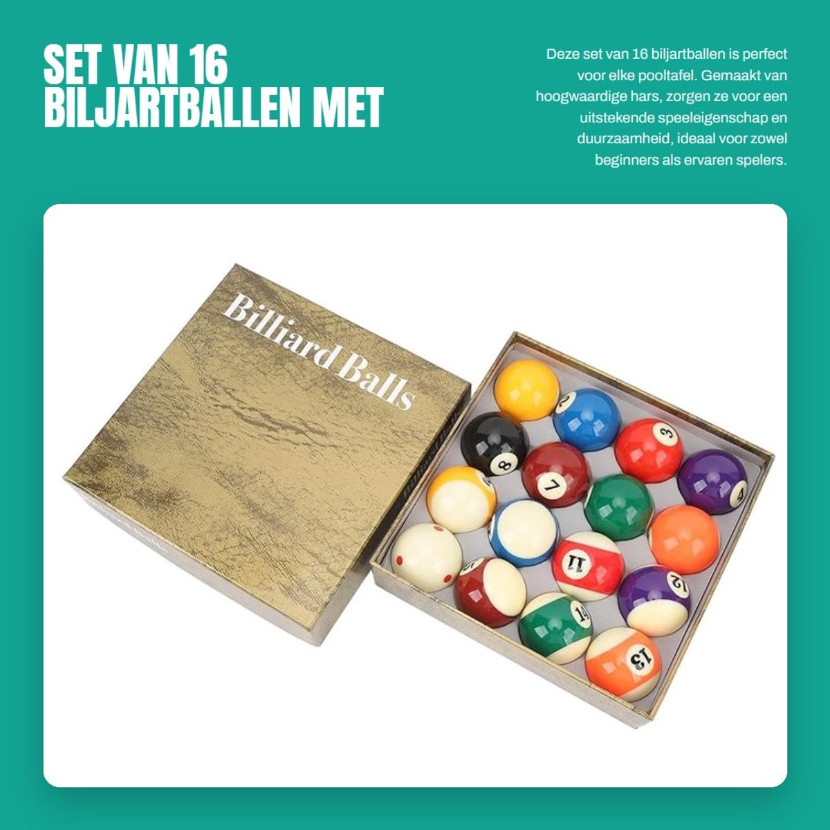 Inovra- Biljartballenset 16 stuks - Hars biljartballen - Diameter 5,72 cm - Hoge wrijvingsweerstand - Tafelaccessoires - Heldere kleuren met nummering