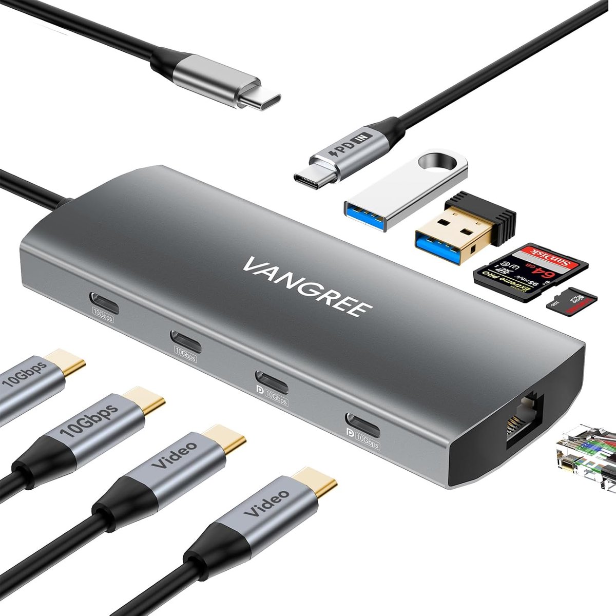 Thijox - USB C Hub met Dual 4K@60Hz Displayports, 2 USB-A & 2 USB-C 3.2 10Gbps poorten, 1Gbps Ethernet, 100W PD, SD/TF, Docking Station voor MacBook P