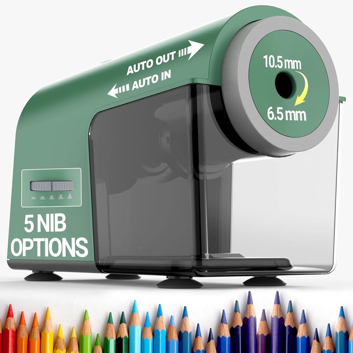 Thijox - Volautomatische Elektrische Puntenslijper met Opvangbak, Krachtige Slijper voor Nr. 2/Jumbo/Potloden (φ6,5-10,5 mm) in Groen, Ideaal voor Thu